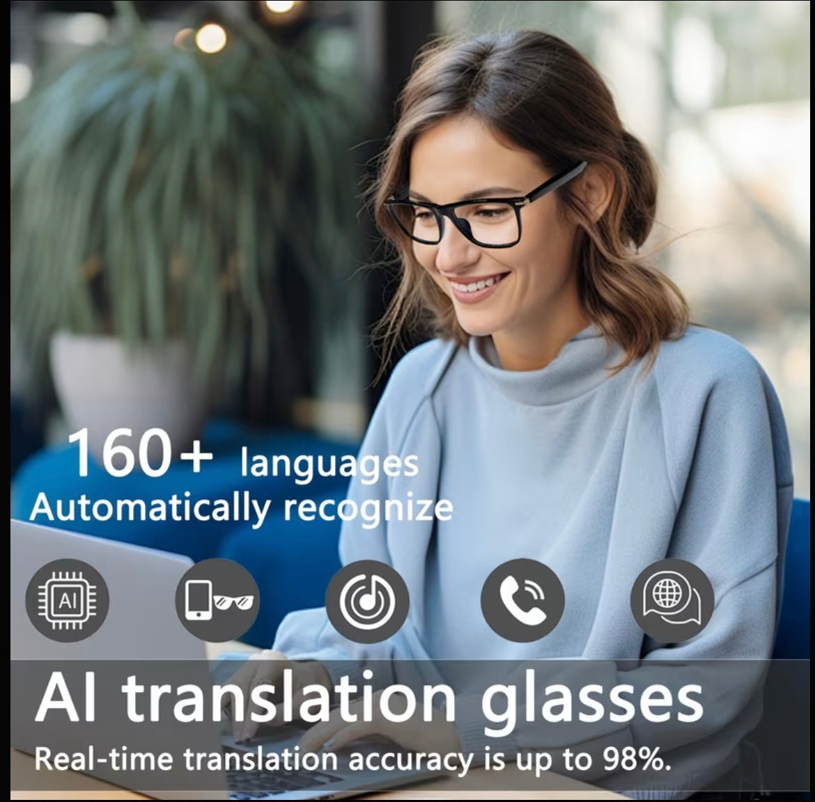 AI Smart Translation Glasses – Real-Time Voice Translator (160+ Languages)